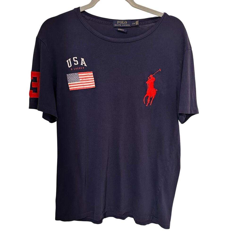 POLO Ralph Lauren Men's Custom Fit Big Red Pony USA Flag #3 T Shirt, size L